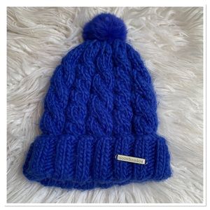 Moonshadow Chunky Cable Knit Fur Pom Pom Beanie Hat Blue One Size
